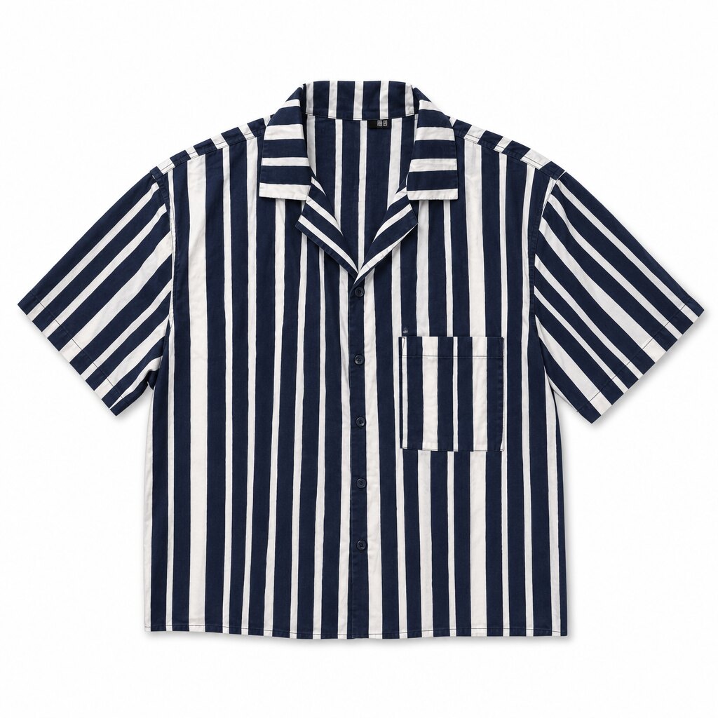 藏青白条纹短袖休闲衬衫