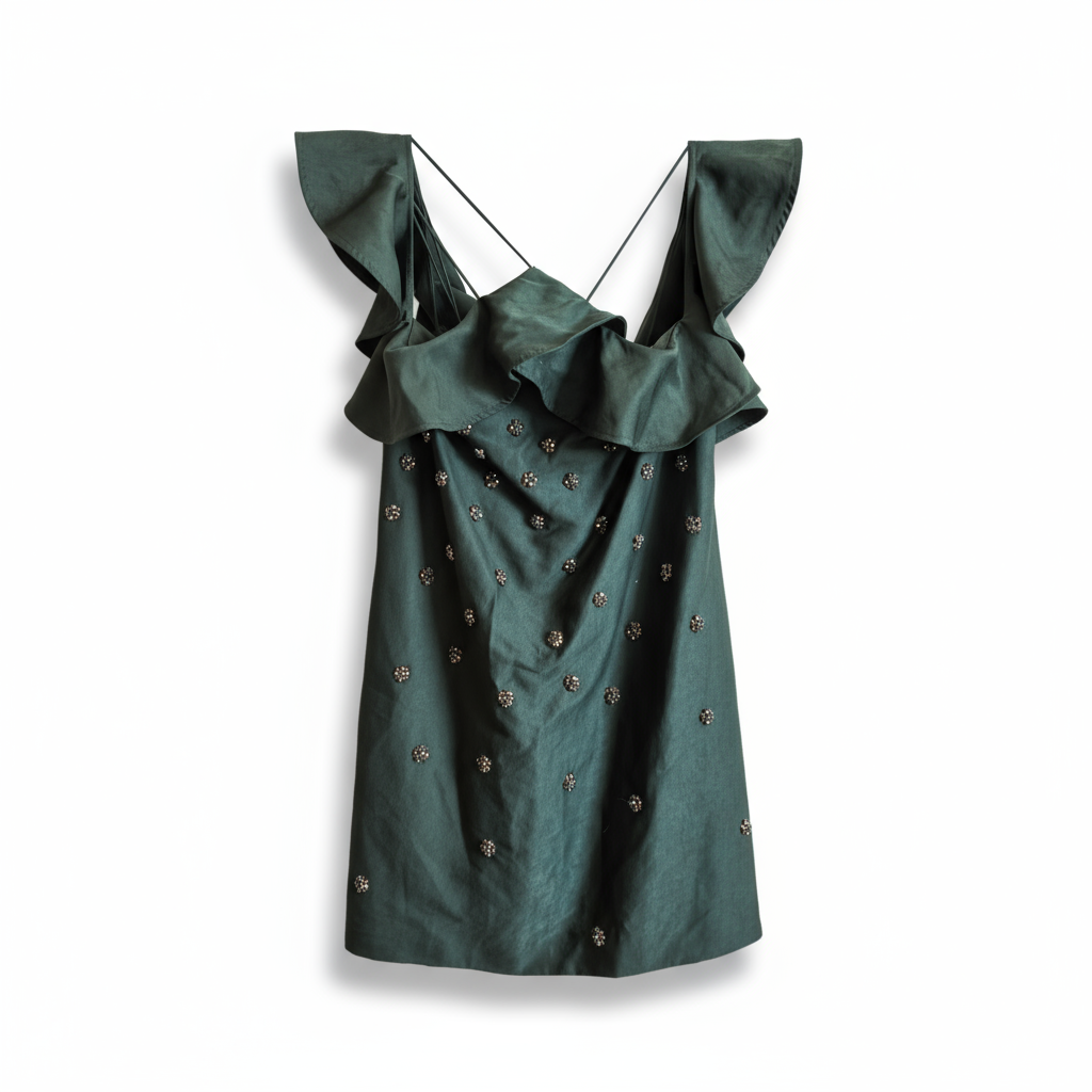 墨绿色水钻荷叶边吊带裙