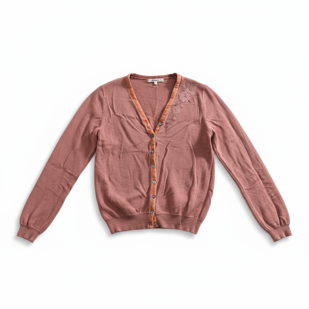 砖红色花卉刺绣开衫