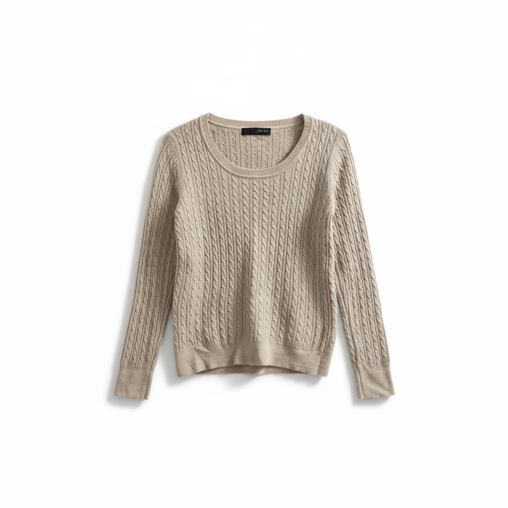 米杏色麻花针织衫