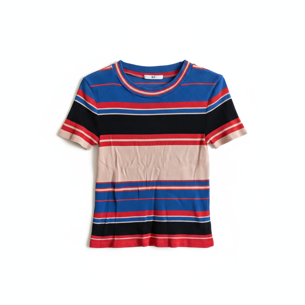 蓝红黑拼色条纹短袖T恤