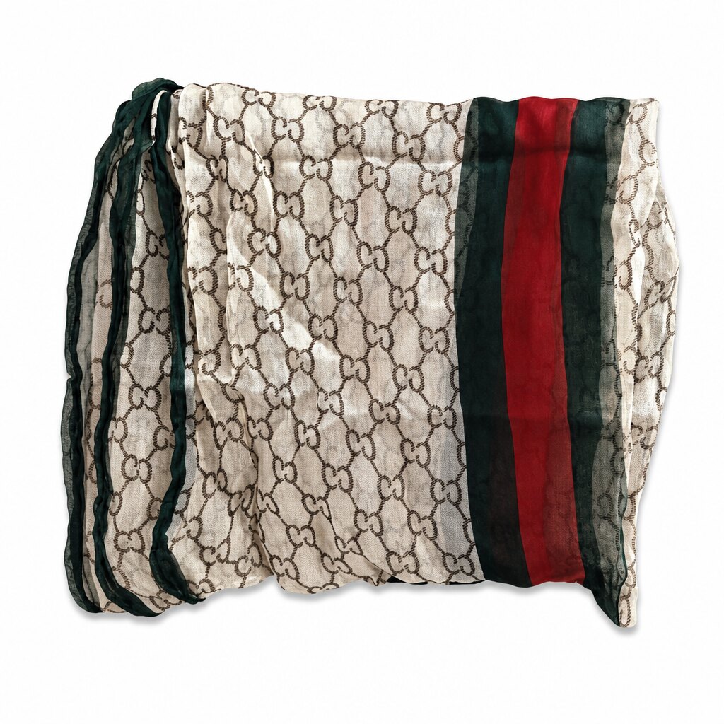 米色拼红绿条纹Gucci monogram印花丝巾