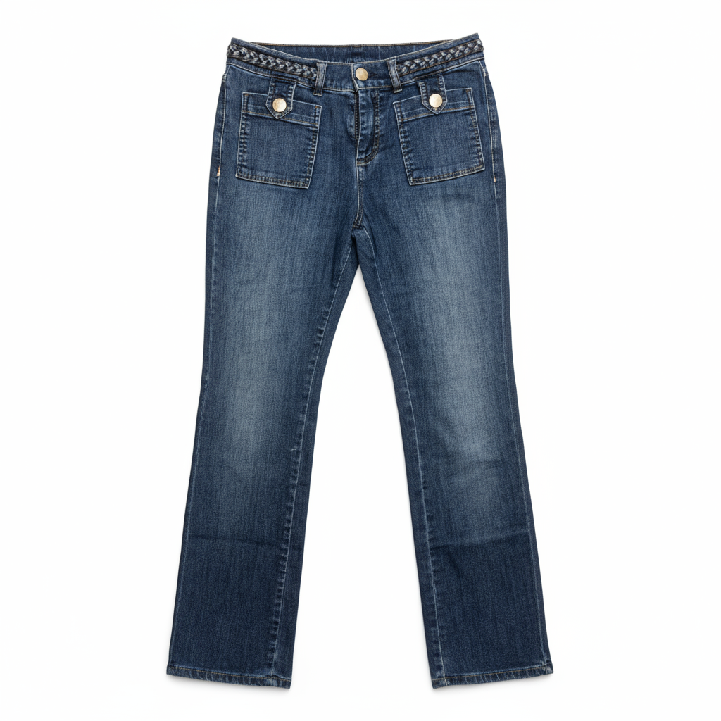 蓝色编织腰带牛仔裤