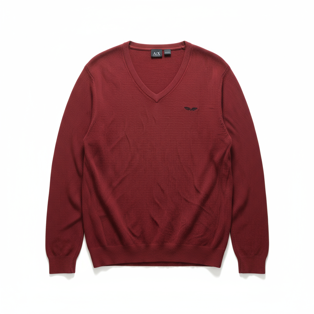 酒红色V领针织衫