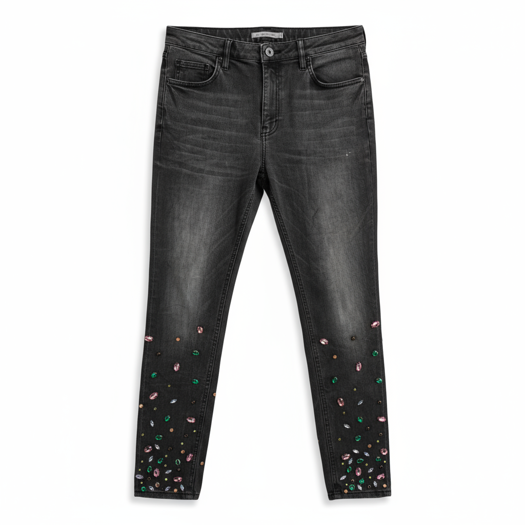 黑灰色渐变彩钻牛仔裤