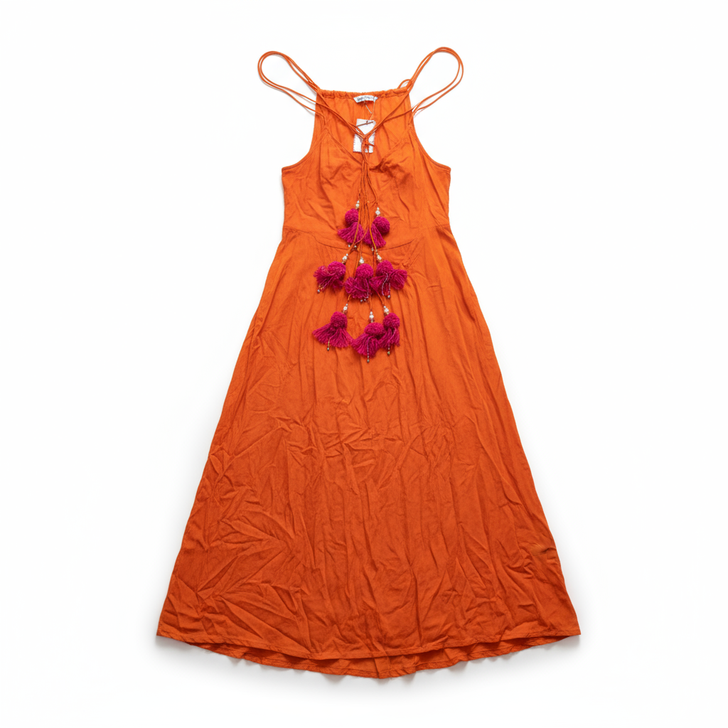 橙红色流苏吊带长裙